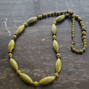 Long line green beaded necklace